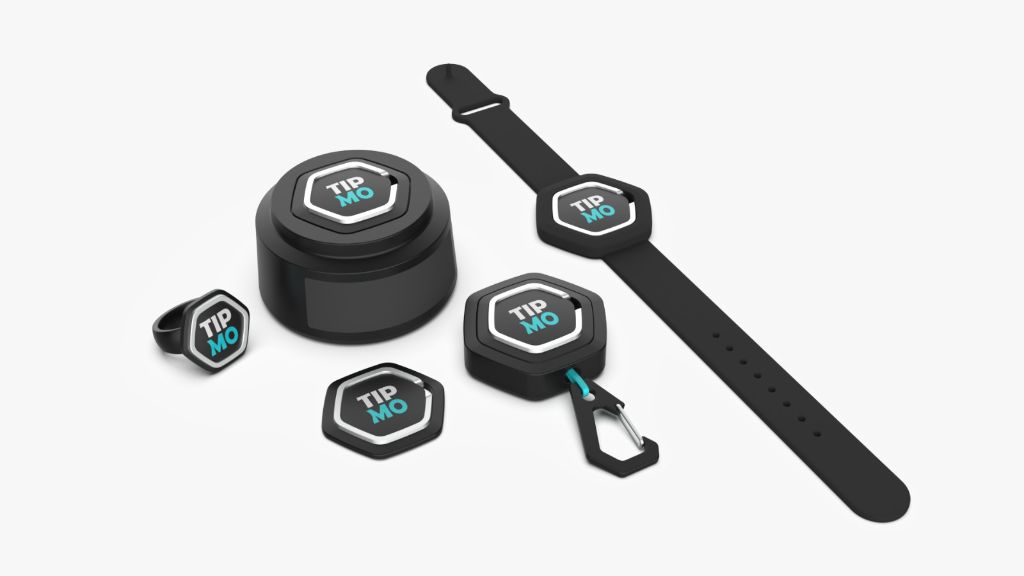 TIPMO NFC Tag Collection — counter puck, wristband, lapel button, keychain and ring