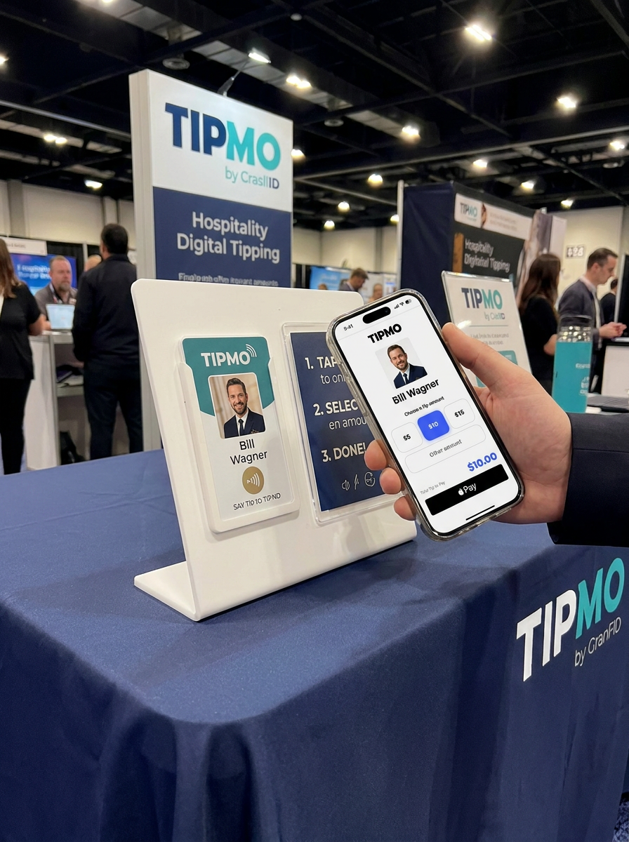 TIPMO trade show stand with tipping screen and Bill Wagner profile
