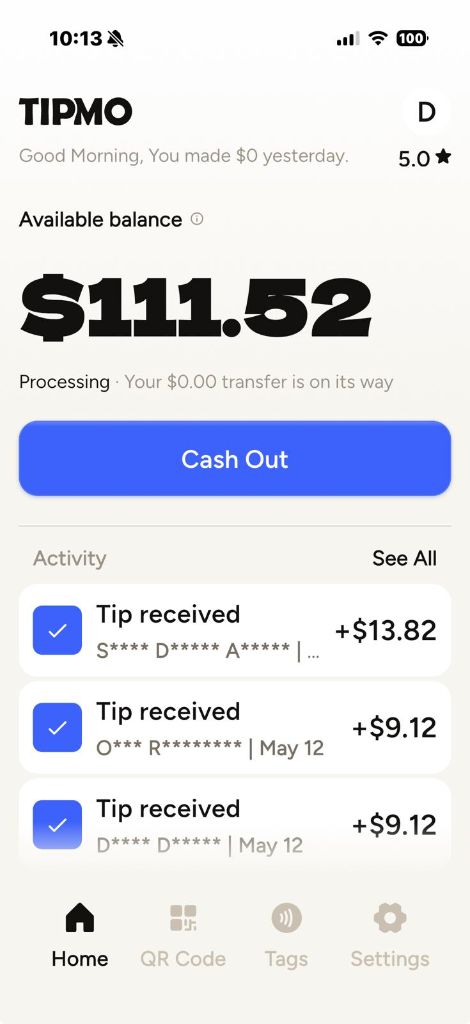TIPMO Worker Wallet — available balance, cash out and tip activity